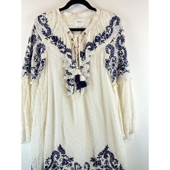 Misa Womens Dress White Mini Ruffle Embroidered Flare Cottagecore Boho Medium - Picture 5 of 8
